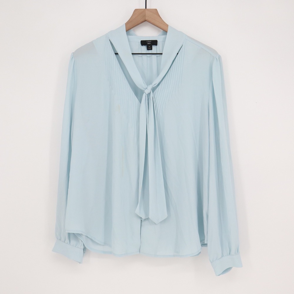 J.Crew Blouse Womens 14 Tie-Neck Light Blue Pintuck Button-Down Good